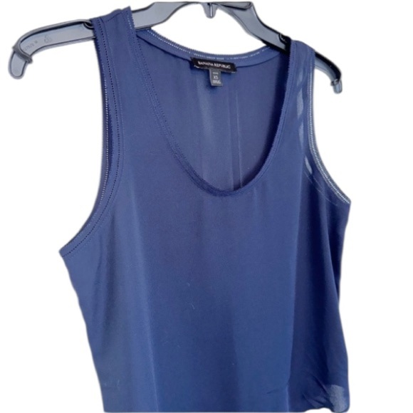 Banana Republic Sleeveless Blouse Navy Blue XS Petite Picot Trim Officecore - Picture 6 of 11